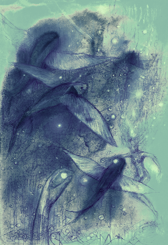 Afbeelding van print "Vissen van de Tijd.  Afdruk BN" van origineel schilderij/tekening door Natali Antonovich